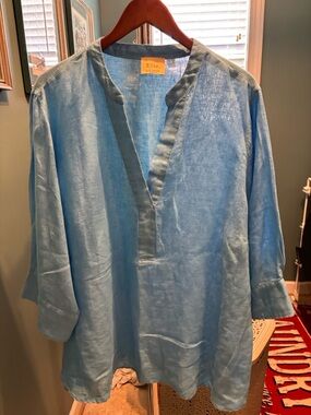 Eileen Fisher Teal Tunic Split V-Neck Linen Top Turquoise
